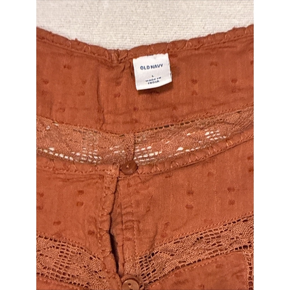 Women's Top Large Orange Peasant Blouse Ruffled Sleeves Crochet-lace Button-down - Picture 4 of 7